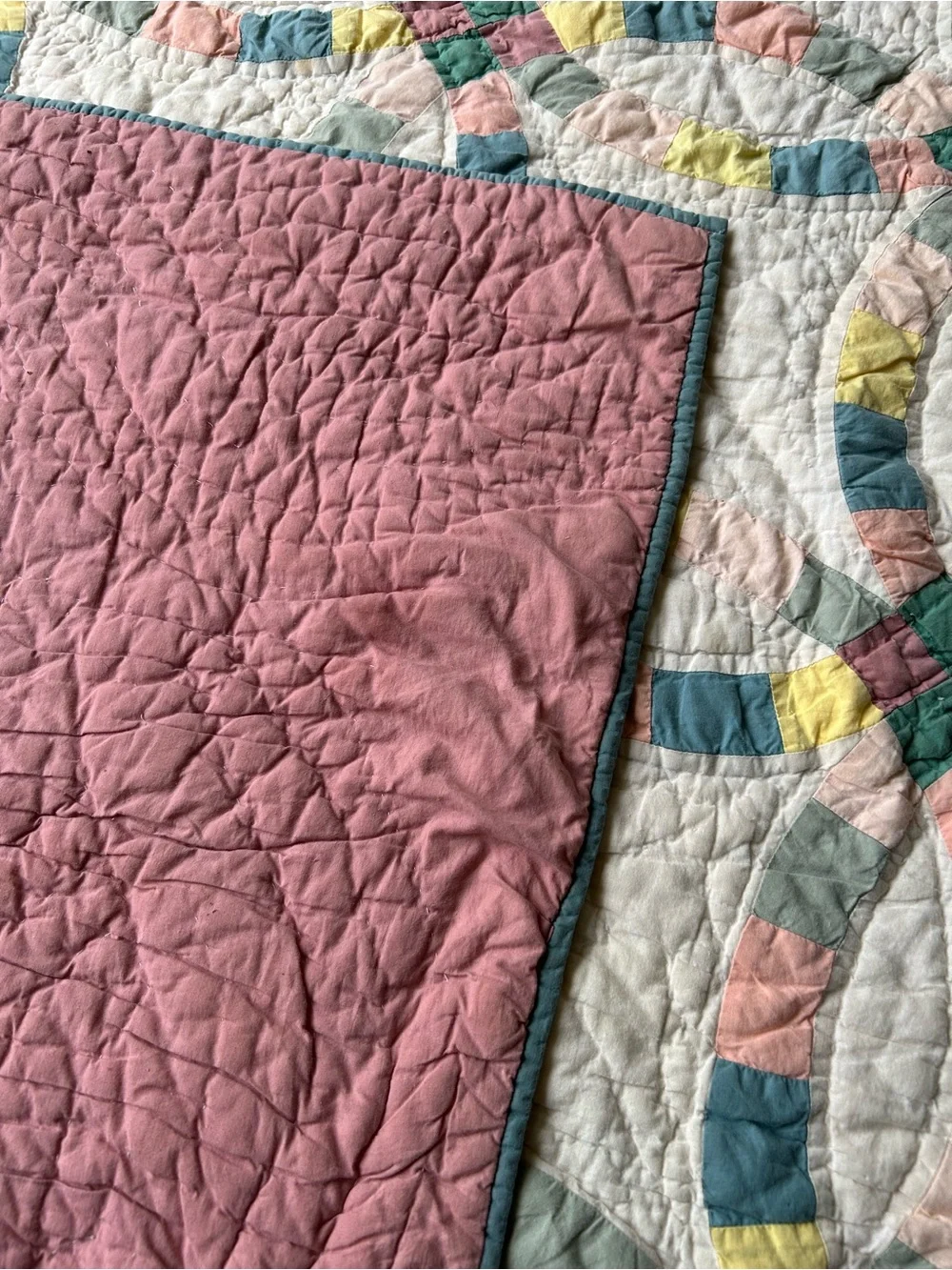 Vintage handmade White Patchwork Double Wedding Ring Quilt with Pastel Accents